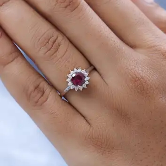 Tanzanian Rhodolite Garnet Sunburst Ring in Platinum Over Sterling Silver - Picture 2 of 8